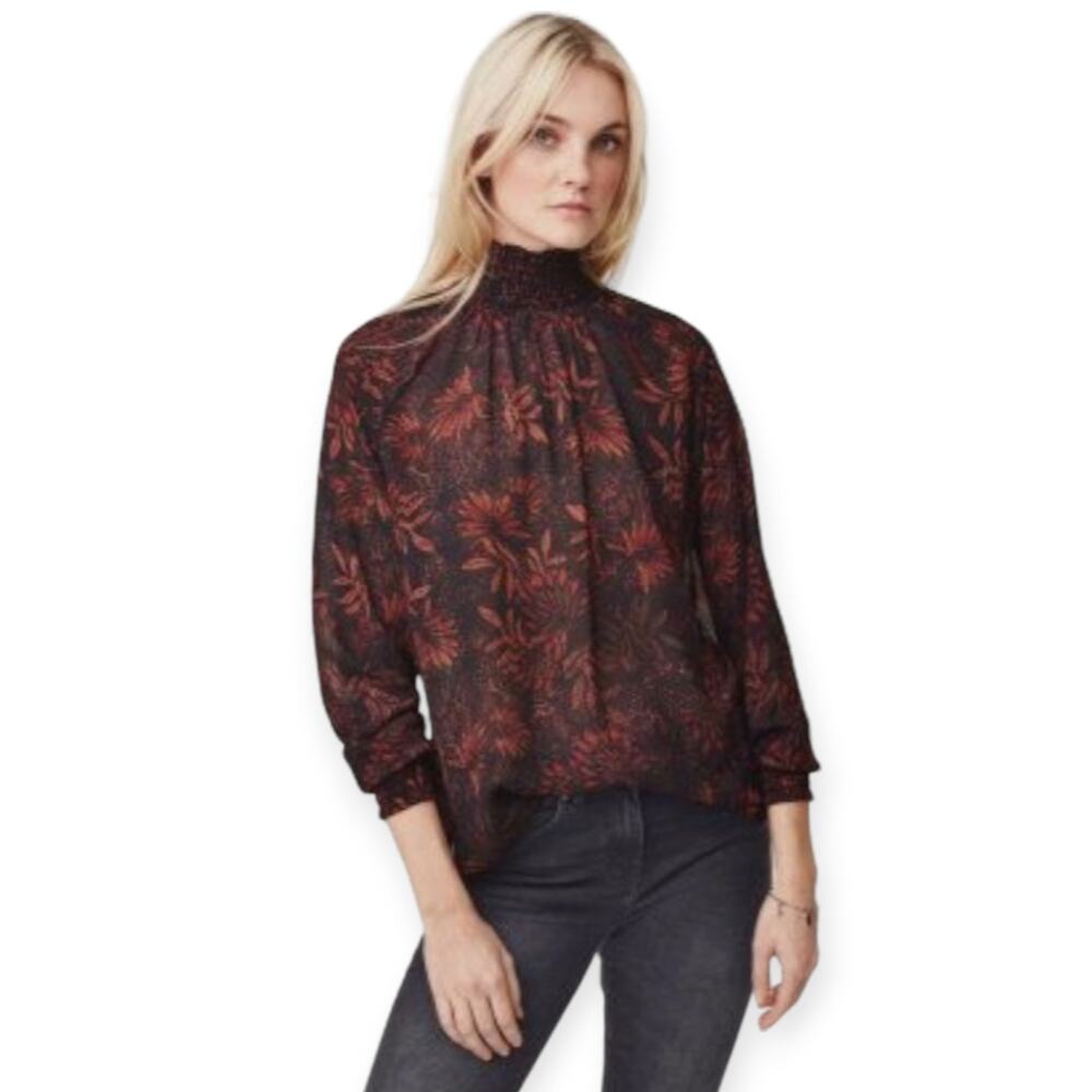 H&M Conscious S Dark Black Fall Floral Chiffon Mock-Neck Keyhole Back Blouse